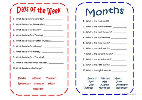 Days and Months - English ESL Worksheets Beginner Spanish Worksheets, Days Of The Week Activities, Calendar Math, Learn Spanish Online, Spanish Worksheets, Worksheet For Kids, English Worksheets For Kids, Days And Months, 1st Grade Worksheets