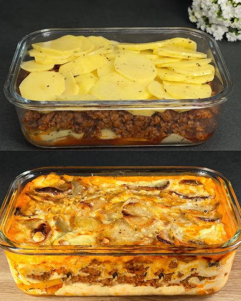 Italian Layered Potato Bake Layered Potato Bake, Mince Dishes, Meat And Potatoes Recipes, English Recipes, Minced Beef Recipes, Italian Potatoes, Layered Potato, Minced Meat Recipe, Meat Casserole