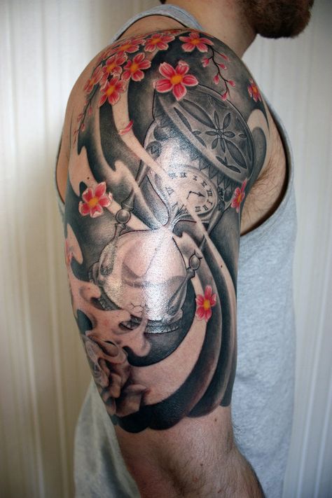 Japanese influenced hourglass half sleeve tattoo by sebassiehihi Japanese Tattoos For Men, Traditional Japanese Tattoo Designs, Cool Half Sleeve Tattoos, Hourglass Tattoo, Daisy Duke, Mens Shoulder Tattoo, Half Sleeve Tattoos For Guys, Upper Arm Tattoos, Flower Tattoo Sleeve