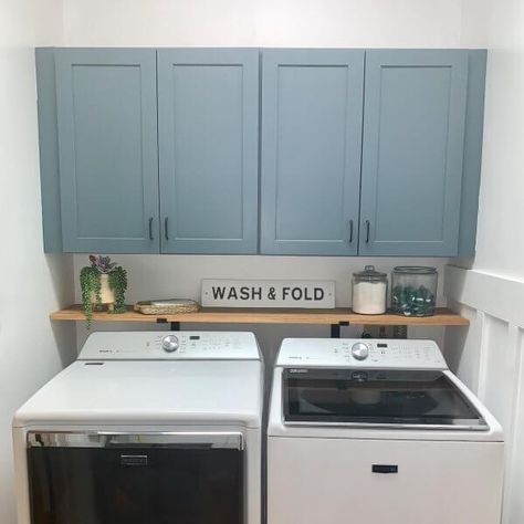 Sherwin Williams Slate Tile painted cabinets above a white washer and dryer in laundry room Pastel Paint Colors, Landry Room, Laundry Room Paint Color, Laundry Room Paint, Laundry Room Update, Tile Bedroom, Blue Laundry Rooms, Painted Slate, Laundry Room Renovation