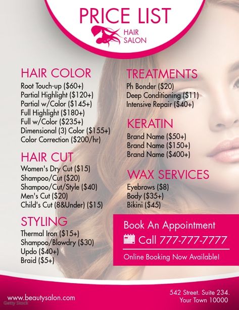 hair salon price list, hair salon services, beauty salon flyers, price list templates, professional services, small business flyers. Hair Salon Price List, Hair Salon Prices, Beauty Salon Price List, Beauty Salon Posters, Salon Hair Color, Salon Price List, Price List Template, Beauty Parlor, Hair And Beauty Salon