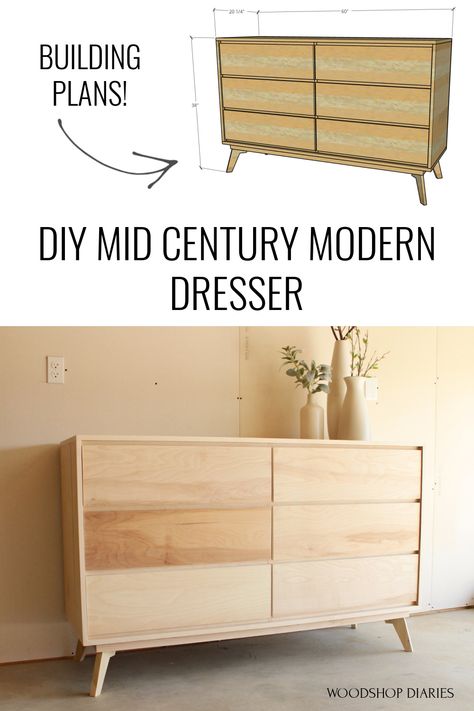 Dresser Build Plans, Midcentury Modern Dresser Diy, Building A Dresser, How To Make A Dresser, Bedroom Dresser Diy, Diy Bedroom Set, Diy Dresser Build, Diy Bedroom Furniture, Dresser Designs