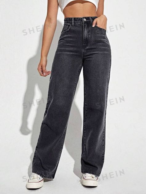 Cheap Dark Wash Denim Flares, Cheap Cargo Jeans With Pockets, Straight Leg, Pants Shein Jeans, Shein Black Jeans, Cheap Full-length Flare Jeans With Pockets, Grey Jeans Outfit, Coloured Jeans, Straight Jeans Outfit, Dark Grey Jeans