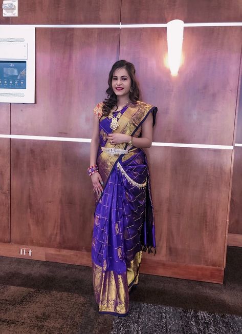 Purple pattu saree Purple Pattu Saree, Kandoli Designs, Saree Chain, Hip Chains, Diamond Vaddanam, Kanchipattu Sarees, Waist Jewellery, Hip Chain, Waist Jewelry