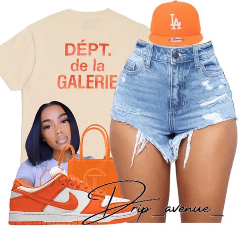 Orange Dunks Outfit, Jean Shorts Outfit Black Women, Orange Dunks, Drip Ideas, La Dodgers Hat, Dodgers Hat, Dunks Outfit, Estilo Swag, Streetwear Girl