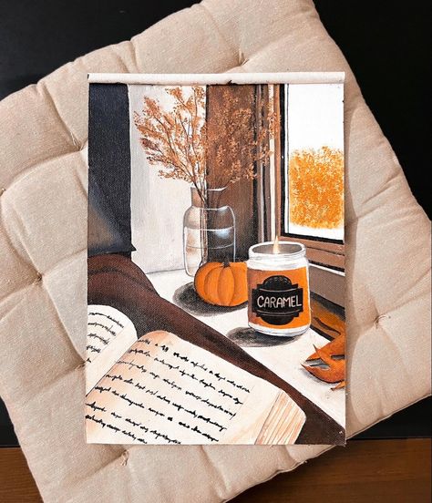 Cozy Painting Ideas On Canvas, Cozy Acrylic Painting, Fall Crafts Painting, Book Paintings On Canvas, Autumn Painting Aesthetic, Simple Autumn Painting, Bookish Painting Ideas, Autumn Aesthetic Drawing, Book Acrylic Painting