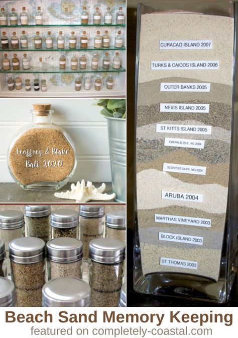 Bring home a little sand from your beach trip, beach vacation, or simply from your favorite beach and put it in a bottle, jar or vase. Here are some great beach sand memory keeping ideas to be inspired by, featured on Completely Coastal. Vacation Memory Jar, Beach Sand Memory Ideas, Sand Keepsake Jar, Sand Layers Jar, Souvenir Sand Ideas, Beach Sand Bottle Ideas, Beach Sand Ideas Jars, Shells And Sand In A Jar Glass Bottles, Vacation Sand Ideas