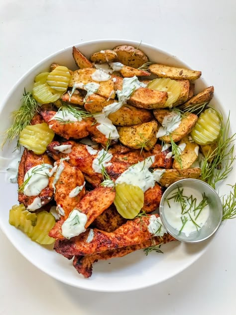 Naked Nashville Hot Chicken Tenders with Dill Pickle Fries & Dill Pickle Aioli — AllTypesOfBowls Dill Pickle Aioli, Dill Pickle Fries, Nashville Chicken Tenders, Paleo Air Fryer, Nashville Hot Chicken Tenders, Pickle Fries, Hot Chicken Tenders, Brewery Food, Dill Pickle Chicken