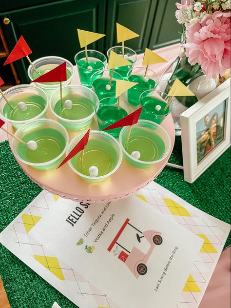 Golfing Bachelorette Party, Golf Tournament Theme Ideas, Golf Themed Alcoholic Drinks, Golf Food Party, Ladies Golf Theme Ideas, Master Themed Birthday Party, Golf Themed Cocktails, Golf Party Drink Ideas, Golf Brunch Party Ideas