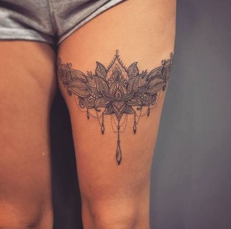 Garter Tattoos Mandala Tattoo Thigh, Lace Thigh Tattoos, Lace Garter Tattoos, Mandala Arm Tattoo, Thigh Tattoos For Women, Garter Tattoo, Thigh Garter, Tattoo Thigh, Thigh Tattoo Designs