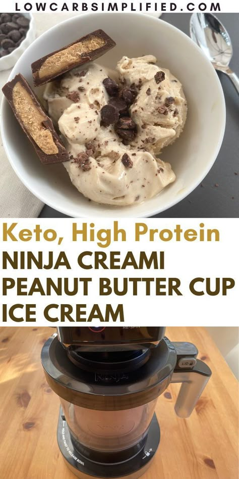 Peanut butter and chocolate are meant to be, especially in this keto peanut butter cup ice cream! And, thanks to the Ninja Creami, this ice cream is high in protein, low in calories and carbs, and sugar-free! High Protein Low Carb Ice Cream, Low Carb Protein Ice Cream, Sugar Free Creami Recipe, Ninja Creami Recipes Peanut Butter, High Protein Low Carb Ninja Creami, Keto Creami Ice Cream, Ninja Creami Healthy Recipes Keto, Recipes For Ninja Cremi, Ninja Creami Peanut Butter Cup