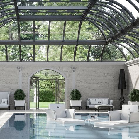 Indoor Skylight, Greenhouse Pool, Greenhouse Addition, Desert Villa, Glass Sunroom, American Style House, Indoor Pool House, Pool With A View, Hotel Aesthetic