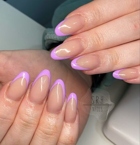 Two Tone Purple French Tip Nails, Purple Tip Almond Nails, Purple Almond French Tip Nails, Nails Purple French Tip, Almond Nails Purple, Nails Purple French, Purple French Nails, Purple French Tips, Purple French Manicure