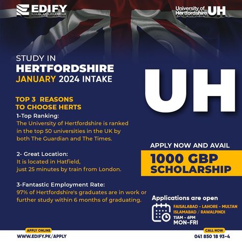 The University of Hertfordshire is a public university located in Hatfield, Hertfordshire, United Kingdom. The University boasts a high employment rate. 97% of Hertfordshire’s graduates are in work or further study within 6 months of graduating. Of these graduates in work, 78% are placed in professional or managerial roles. . . . Apply Now to Study in University of Hertfordshire www.edify.pk/apply-online . #herts #hertfordshire #ukstudyvisa #studyinuk #uk #ukvisa #ukeducation #studyuk #edify Study In University, University Of Hertfordshire, Study In Uk, Uk Education, Top Ranking, Uk Visa, Uk Universities, Group Of Companies, To Study