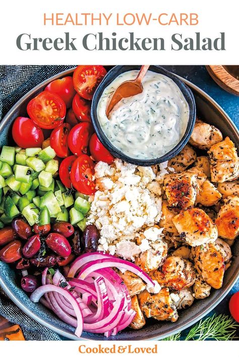 Combining the benefits of the Mediterranean diet and Keto diet, these low-carb Greek chicken bowls are bursting with colors and flavors. Skillet grilled chicken is paired with the Greek staples of tomatoes, cucumbers, onions, olives and feta cheese. Served with refreshing, garlicky Tzatziki dressing for a perfect keto chicken recipe. It's great for lunch (at home or in the office) or as a quick weeknight dinner. This recipe is from the Cast Iron Keto cookbook by Alex and Lauren Lester. via @... Skillet Grilled Chicken, Tzatziki Dressing, Cast Iron Keto, Greek Chicken Bowls, Keto Green, Mediterranean Diet Recipes Dinners, Greek Chicken Salad, Chicken Bowls, Healthy Bowls Recipes