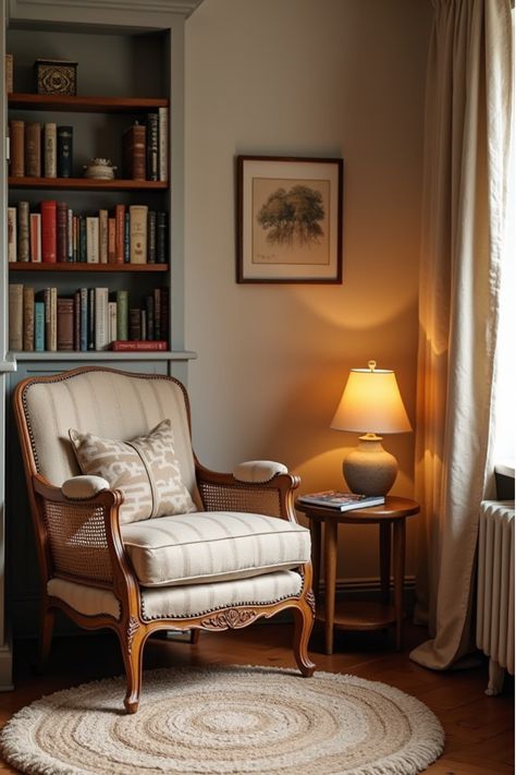 Vintage chair reading corner with eclectic bohemian styling Reading Nook Vintage, Vintage Reading Chair, Vintage Reading Corner, Writing Nook Ideas, Cozy Chair Corner, Cozy Reading Nook Small Spaces, Vintage Reading Nook, Small Reading Nook Cozy Corner, Small Reading Nook