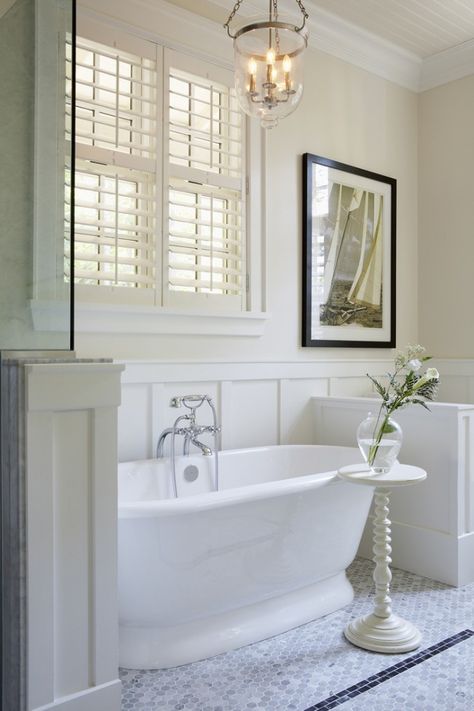 tub Window Remodel, Traditional Bath, Bathroom Window Treatments, Bathroom Freestanding, Modern Window Treatments, Pedestal Tub, Shotgun House, Master Bathrooms, Bathroom Window