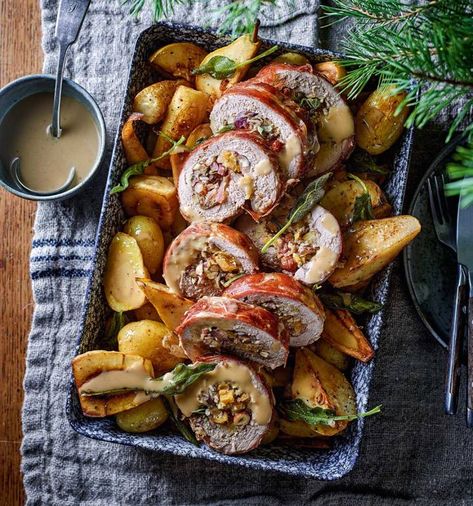 Sage and apricot-stuffed pork tenderloin recipe | Sainsbury`s Magazine Recipe For Pork Loin, Pork Loin Stuffed, Gnocchi Chicken, Recipe For Pork, Curry Pasta, Roasted Pear, Pork Roast Recipes, Stuffed Pork, Food Savoury