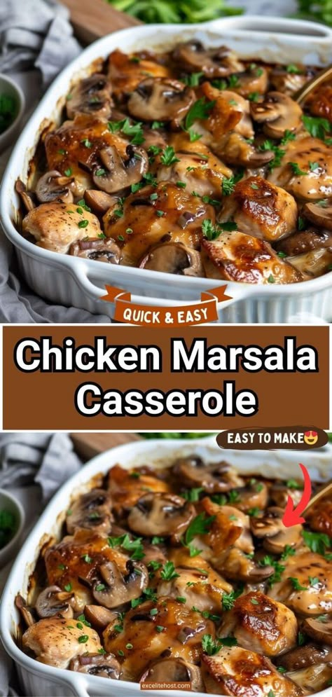 The Chicken Marsala Casserole offers a twist on the classic Italian-American dish, blending the rich flavors of Marsala wine with tender chicken and mushrooms in a hearty casserole form. It's a perfect meal for those seeking the warmth of home-cooked comfort food with a touch of elegance. Marsala Chicken Casserole, Easy Chicken Marsala Casserole, Crazy Good Casserole Recipe, Chicken Thighs Casserole Recipes, Sunday Casserole Dinner, Weekend Dinner Ideas Families, German Chicken Recipes, Chicken Thigh Casserole Recipes, Baked Chicken Marsala