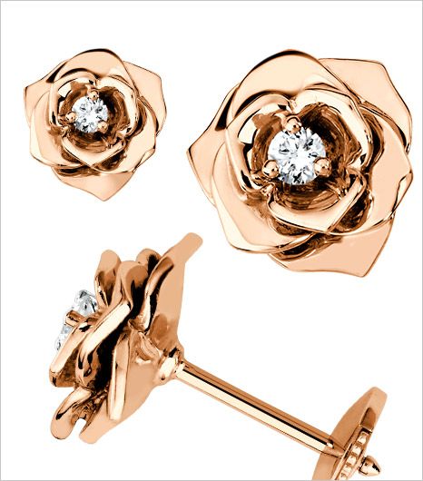 @Alexandra M What Wear - Rose Earrings ($2,600) in 18K Rose Gold set with 2 Brilliant-Cut Diamonds. Piaget Rose, Simple Stud Earrings, Gold Rings Fashion, Gold Jewelry Earrings, Diamond Jewelry Designs, Rose Jewelry, Tiny Stud Earrings, Gold Earrings Designs, Diamond Flower