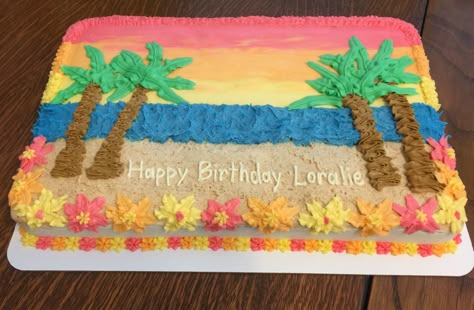 Ocean waves, sandy beach, palm trees, colorful flowers, and a sunset... It's paradise on a cake! I had a lot of fun making this 1/2 sheet white cake with buttercream frosting for a tropical birthday celebration. Taste and see that the Lord, our creator, is good! Thanks for choosing Cristin's Cake Creations for your custom cake order!! Palm Tree Birthday Cake, Palm Tree Cake Ideas, Tropical Sheet Cake, Beach Sheet Cake, Beach Themed Birthday Cakes, Palm Tree Cake, Summer Party Cake, Hawaiian Birthday Cakes, Palm Tree Cakes