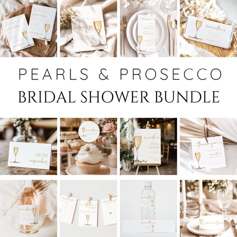 Elevate your bridal shower with our stunning Pearls And Prosecco Bridal Shower Bundle! This exquisite collection is designed to capture the elegance and sophistication of a pearls and Prosecco bridal shower theme, offering everything you need to create an unforgettable celebration. From elegant invitations to chic decor and coordinating party games, our Pearls And Prosecco Bridal Shower Bundle ensures your event is picture-perfect. Transform your space with our thoughtfully curated pearls and Pr Pearls And Processo Party, Bridal Shower Ideas Pearls, Pearls And Prosecco Theme Bridal, Pearl Theme Bridal Shower Ideas, Pearls And Bows Bridal Shower Theme, Pearls And Prosecco Bridal Shower Theme Decor, Prosecco And Pearls Bridal Shower Theme, Bridal Shower Ideas Themed Elegant, Pearls Bridal Shower Theme