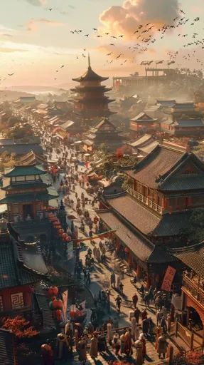 ↑↑↑ Larger size on website 🔸 The image depicts a bustling, ancient Chinese city. The scene is filled with intricate, traditional  🔸 From Midjourney AI Image Chinese City Art, Ancient Chinese City, Medieval Apocalypse, Ruined Temple, Flock Of Birds Flying, Asian City, Chinese City, Ancient Chinese Architecture, Crowd Of People