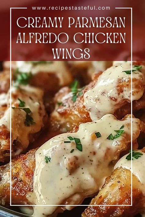 Indulge in these delicious Creamy Parmesan Alfredo Chicken Wings, perfectly baked for a crispy finish and tossed in a rich, creamy Alfredo sauce. Ideal for parties, game days, or a cozy family dinner! Alfredo Chicken, Creamy Alfredo Sauce, Creamy Parmesan, Wing Sauce, Gluten Free Cheese, Chicken Alfredo, Alfredo Sauce, Grated Parmesan Cheese, Fresh Parsley