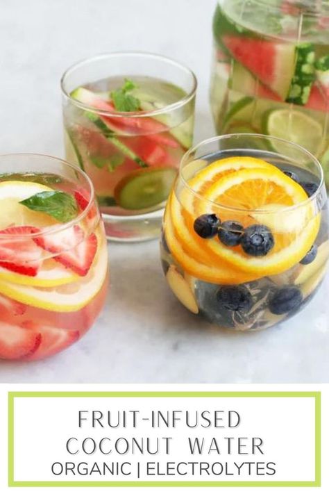 Infused Coconut Water, Coconut Water Recipes, Strawberry Basil, Simple Menu, Fruit Infused Water, Fruit Water, Sugary Drinks, Healthy Snacks Easy, Fruit Infused