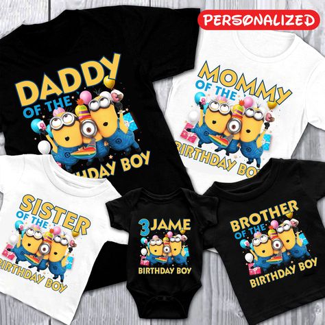 Minion Birthday Shirts Family, Minion Birthday Party Ideas, Minions Party Ideas, Minions Shirt, Minion Party Theme, Birthday Merch, Minions Birthday Theme, Minion Shirts, Baby Birthday Party Theme