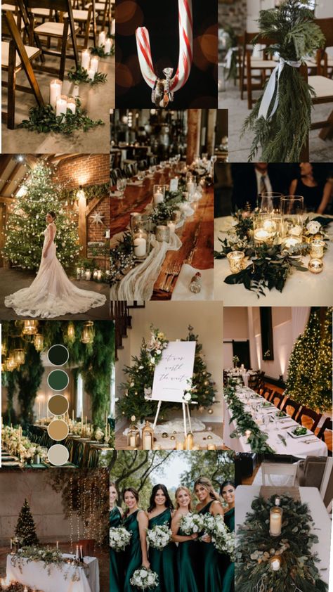 December Wedding Green, Green Wedding Winter, Green And Gold Winter Wedding, Christmas Wedding Decor, Christmas Wedding Themes, Gold Winter Wedding, Forest Green Wedding, Christmas Wedding Inspiration, Elegant Winter Wedding