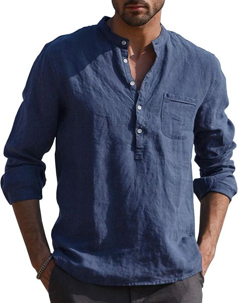 Amazon.com: URRU Men Henley Neck Long Sleeve Daily Look Linen Shirts Navy Blue M : Clothing, Shoes & Jewelry Casual Beach Style, Moda Hippie, Plus Size Mini Dresses, Linen Men, Plus Size Outerwear, Mens Linen, Henley Shirt, Swimsuits High Waisted, Henley Shirts