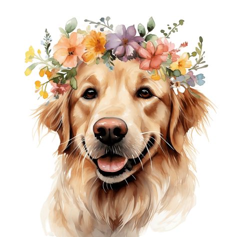 Elevate your projects with the enchanting charm of our watercolor Golden Retriever with flower crown clipart. Each illustration captures the playful elegance of this beloved breed adorned with a delicate crown of flowers, making it perfect for a variety of creative endeavors. Infuse your designs with the warmth and sweetness of these golden retrievers to bring a touch of nature and joy to your art. 10 High Quality JPG files White Background 4096 X 4096 --- What you will receive? --- When you purchase this design from my shop you will immediately receive 3 .rar files that have the above mentioned clipart images. PLEASE NOTE: No physical product will be shipped to you. This is an instant download. After purchase, you can access your downloads by visiting your Etsy Profile > Purchases and Rev Crown Clipart, Crown Of Flowers, Chien Golden Retriever, Golden Retriever Art, Dog Clipart, Whimsical Paintings, Holding Flowers, Watercolor Dog, Dogs Golden Retriever