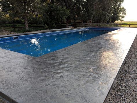 Concrete Patios and Pool Decks • Contemporary Concrete Small Backyard Pool Landscaping, Concrete Pool Patio, Patio Ideas With Pool, Pool On A Budget, Stamped Concrete Pool, Pool Decking Concrete, Concrete Landscaping, Concrete Pool Deck, Inground Pool Landscaping