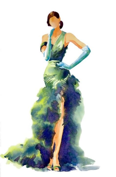 Fashion Illustration Haute Couture, Fashion Illustration Painting, Green Fashion Illustration, Watercolour Fashion Illustration, Watercolour People, Fashion Design Inspiration, Fashion Illustrators, Green Feathers, Gentle Style