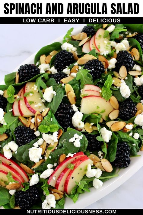 This Spinach and Arugula Salad is a fresh and vibrant mix of greens, Honeycrisp apples, juicy blackberries, and creamy goat cheese. Topped with crunchy toasted almonds and drizzled with a light lemony dressing, it’s the perfect quick lunch or an easy side dish. Spinach And Arugula Salad, Arugula Goat Cheese Salad, Lemony Dressing, Nutritious Salads, Creamy Goat Cheese, Keto Salads, Yummy Salads, Honeycrisp Apples, Goat Cheese Salad