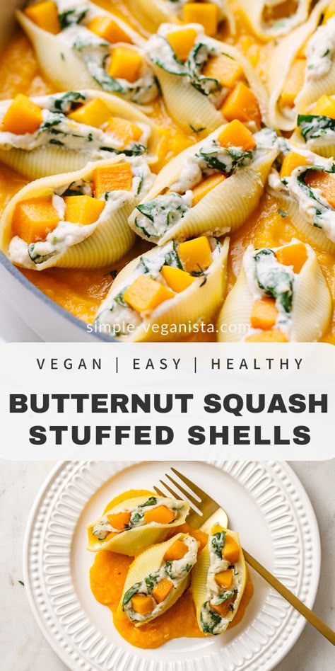 Butternut Squash Stuffed Shells, Squash Stuffed Shells, Butternut Squash Stuffed, Squash Sauce, Shells Stuffed, Healthy Butternut Squash, Butternut Squash Sauce, Easy Butternut Squash, Clean Eating Vegetarian