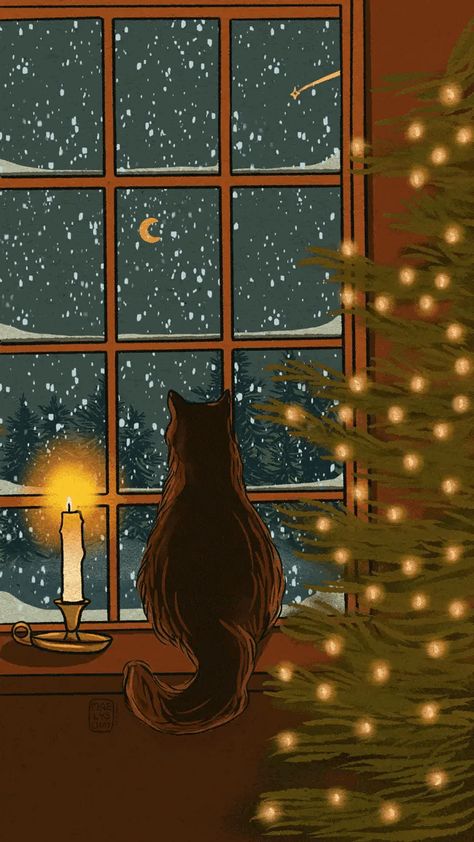 Cat Wallpaper Christmas, Christmas Cat Wallpaper, Everyday Scenes, 달력 디자인, Wallpaper Christmas, Winter Cat, Winter Illustration, Cute Christmas Wallpaper, Holiday Wallpaper