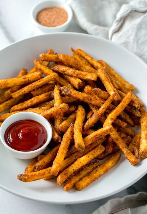 Cajun Fries (Air Fryer or Oven) | Table for Two® by Julie Chiou Fries Air Fryer, Shoestring Fries, Cajun Fries, Seasoned Fries, French Fries Recipe, Homemade Tartar Sauce, Crispy French Fries, Homemade French Fries, Quick Side Dishes