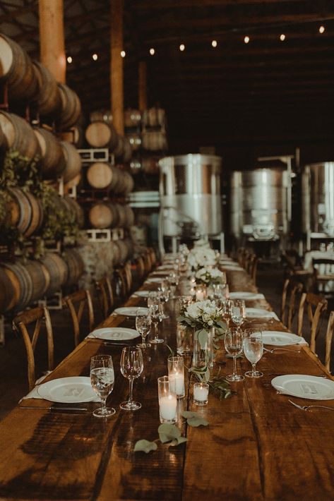 Brewery Wedding Table Decor, Winery Wedding Decorations Centerpieces, Distillery Wedding Decor, Wine Cellar Wedding Reception, Winery Interior Design, Winery Aesthetics, Brewery Wedding Reception, Fall Winery Wedding, Wine Cellar Wedding