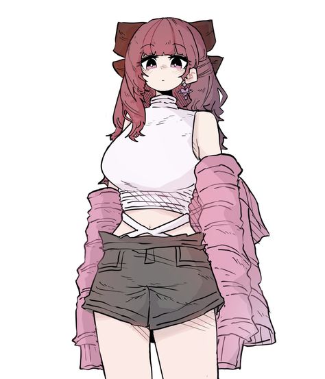 Chubby Girl Character Design, Thick Art Base, Thick Anime Poses, Outfits For Chubby Girls, Art Ocs, Pfp Material, Character Turnaround, Manga Poses, Sketch Poses