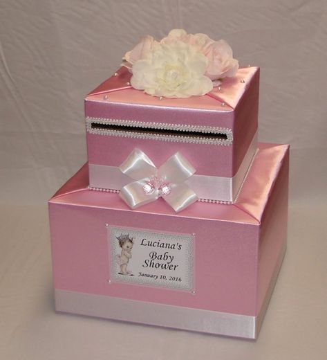 Baby Shower Card Box Diy, Mouth Pulling, Card Box Diy, Baby Shower Card Box, Baptism Decor, Decorated Boxes, Princess Card, Two Tier Cake, Ideas Baby Shower