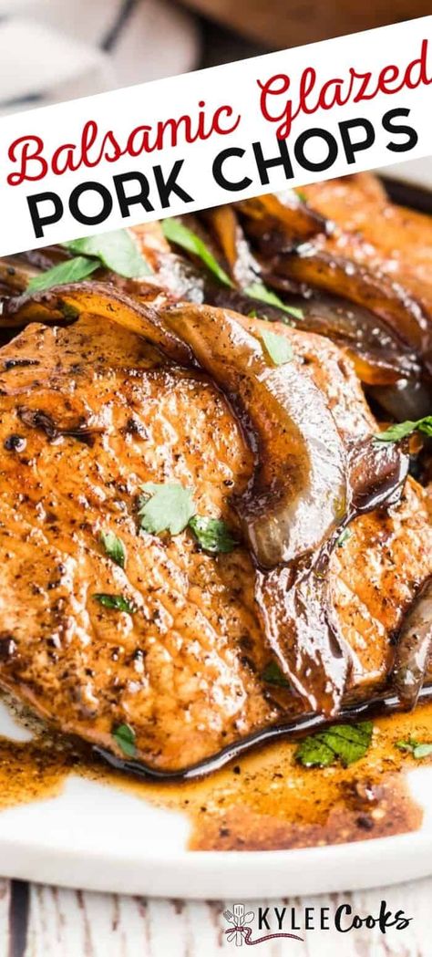 Juicy, tender and full of flavor, these Glazed Pork Chops are made in a cast iron skillet. Topped with onions, and an amazing brown sugar glaze. Easy enough for a weeknight, but fancy enough for company, you'll make this recipe over and over! #pork #dinner #30minutemeal #recipe #balsamic #porkchops #kyleecooks Balsamic Glazed Pork Chops, Cast Iron Skillet Recipes Dinner, Balsamic Pork Chops, Pork Recipes For Dinner, Balsamic Pork, Easy Mashed Potatoes, Glazed Pork Chops, Pork Chop Dinner, Glazed Pork