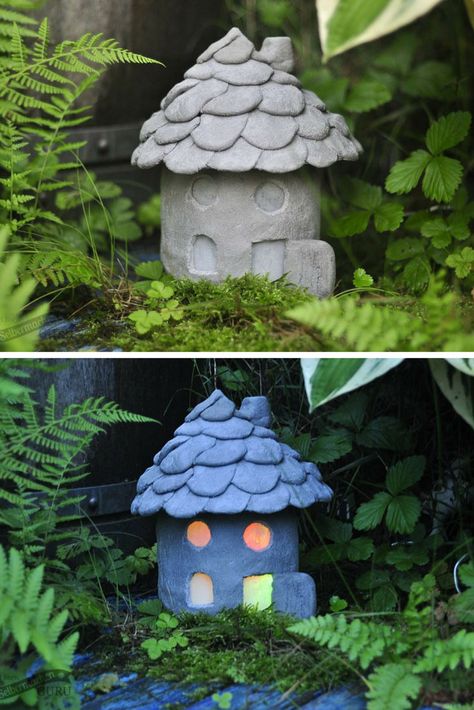 Cement Fairy House Lantern Cement Fairy House Diy, Fairy House Lantern, Diy Cement Projects, Mum Presents, Fairy Pots, Cement Leaves, Cement Ideas, Bathroom Mirror Makeover, Cement Projects