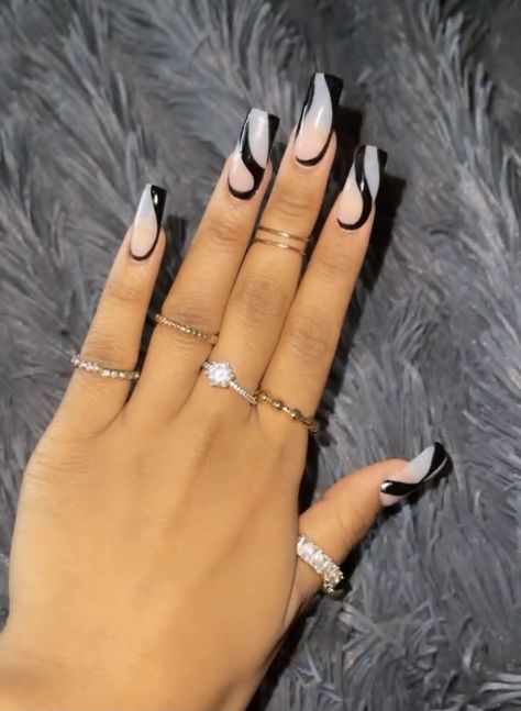 Black White And Gray Nails, Uni Nails, Hoco Nails, Tapered Square Nails, Graduation Nails, Manicure Nail Designs, Black Acrylic Nails, White Acrylic Nails, Dope Nail Designs