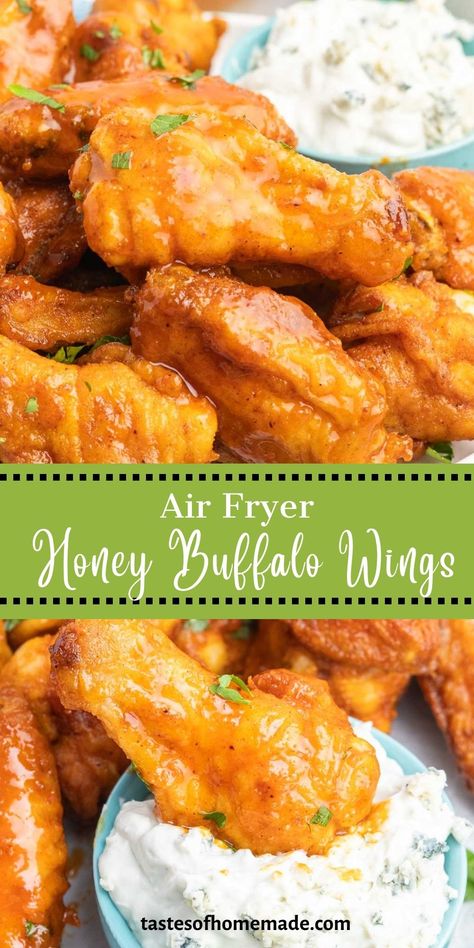 Air fryer honey buffalo wings are delicious, extra crispy chicken wings with a sticky, sweet, and spicy sauce.   These air-fried buffalo wings are made with simple ingredients and make a large batch.  Perfect on an appetizer or wing platter with your favorite blue cheese or ranch dressing. Extra Crispy Chicken Wings, Honey Buffalo Wings, Wing Platter, Extra Crispy Chicken, Buffalo Chicken Wings Recipe, Air Fryer Cake Recipes, Appetizer Platter, Chicken Wing Recipes Baked, Wings Recipe Buffalo