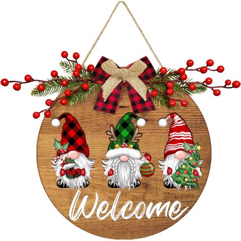 Christmas Boards Signs, Winter Porch Signs, Christmas Gnome Door Hanger, Gnome Welcome Sign, Welcome Hanging Sign, Welcome Hanging, Gnome Door Hanger, Craft Signs, Round Wreaths