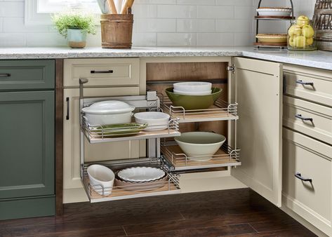 Yorktowne Cabinetry | Corner Base Cabinet Pull-Out Boat Kitchen, Corner Cabinet Solutions, Kitchen Corners, Pull Out Kitchen Cabinet, White Shaker Kitchen Cabinets, Storage Door, Blind Corner Cabinet, Corner Base Cabinet, Clutter Free Kitchen