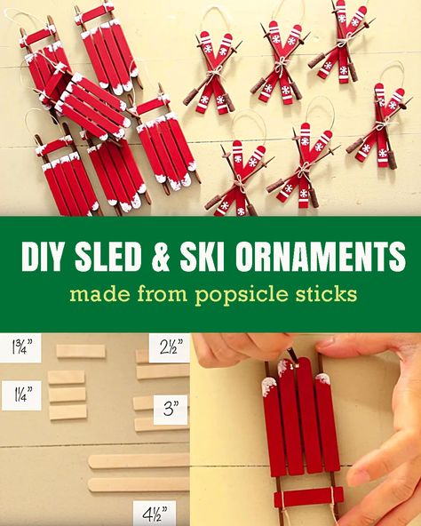 DIY Christmas Ornaments | Sled and Ski Tree Ornaments Made With Popsiscle Sticks | Holiday Crafts Diy Ski Decor, Ski Ornaments, Diy Ornament Ideas, Sticks Crafts, Wooden Sled, Diy Joy, Train Ornament, Diy Popsicle, Popsicle Crafts