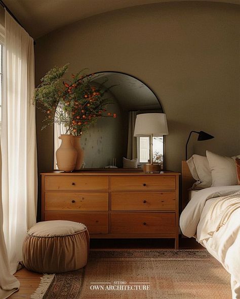 Antique Bed With Modern Decor, Green Earth Tones Bedroom, Bed Next To Dresser, Moody Olive Bedroom, Earthy Vintage Interior Design, Olive Room Bedrooms, Cosy Green Bedroom Ideas, Green Toned Bedroom, Dresser Next To Bed Ideas